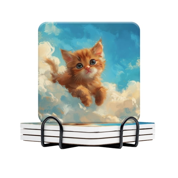 BaHomeck Drink Coasters Set Of 4 With Holder Cute Orange Kitten Floating In The Sky Water Absorbent Ceramic Coasters Tabletop Protection,Suitable For Various Cup,Home Decor