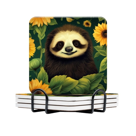 BaHomeck Drink Coasters Set Of 4 With Holder Cute Sloth Smiling And Surrounded By Sunflowers Water Absorbent Ceramic Coasters Tabletop Protection,Suitable For Various Cup,Home Decor