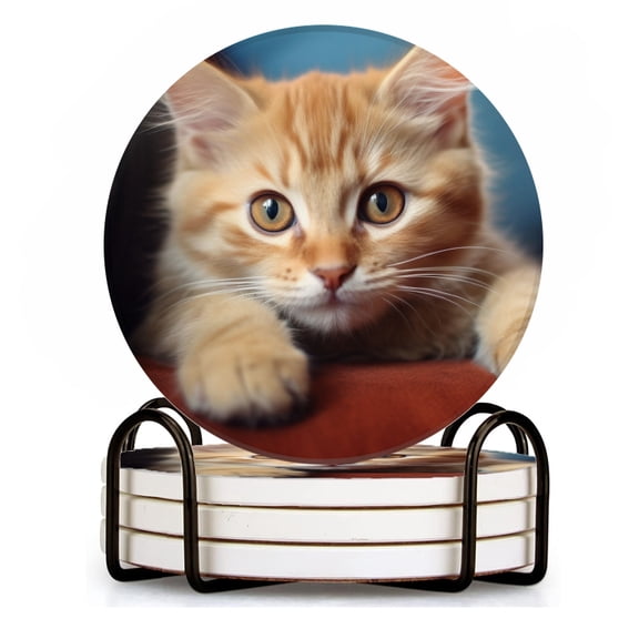BaHomeck Drink Coasters Set of 4 with Holder Cute orange cat with big eyes sitting on the sofa Water Absorbent Ceramic Coasters Tabletop Protection,Suitable for Various Cup ,Home Decor