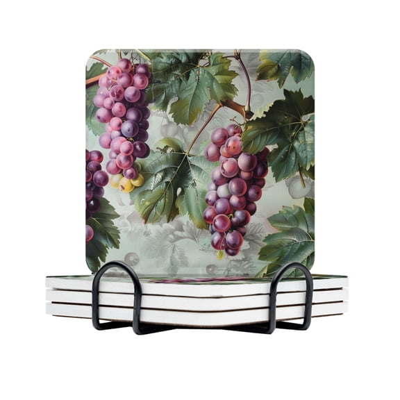 BaHomeck Drink Coasters Set Of 4 With Holder Detailed Botanical Of Grapes With Leaves And Branches Water Absorbent Ceramic Coasters Tabletop Protection,Suitable For Various Cup,Home Decor