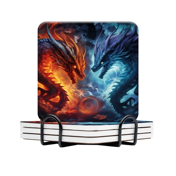BaHomeck Drink Coasters Set Of 4 With Holder Dragons With Fire And Ice Water Absorbent Ceramic Coasters Tabletop Protection,Suitable For Various Cup,Home Decor