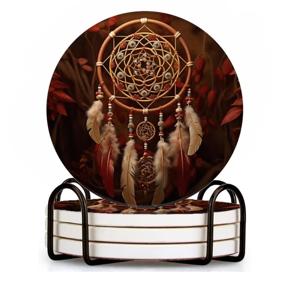 BaHomeck Drink Coasters Set of 4 with Holder Dreamcatcher with feathers and beads on brown background Water Absorbent Ceramic Coasters Tabletop Protection,Suitable for Various Cup ,Home Decor