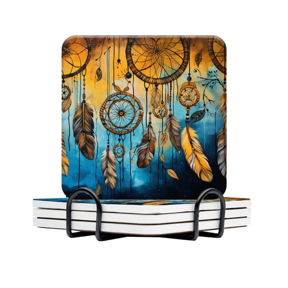 BaHomeck Drink Coasters Set Of 4 With Holder Dreamcatchers Hanging With Feathers And Beads Water Absorbent Ceramic Coasters Tabletop Protection,Suitable For Various Cup,Home Decor
