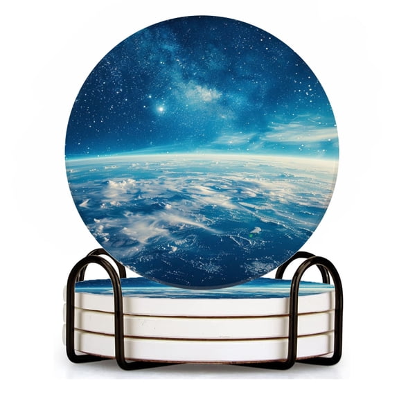 BaHomeck Drink Coasters Set of 4 with Holder Earth from space blue sky with stars and clouds Water Absorbent Ceramic Coasters Tabletop Protection,Suitable for Various Cup ,Home Decor