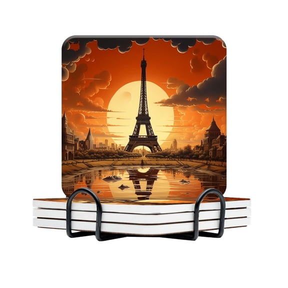 BaHomeck Drink Coasters Set Of 4 With Holder Eiffel Tower In Paris During The Autumn Season Water Absorbent Ceramic Coasters Tabletop Protection,Suitable For Various Cup,Home Decor