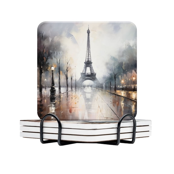 BaHomeck Drink Coasters Set Of 4 With Holder Eiffel Tower In Paris Surrounded By Trees And Street Lamps Water Absorbent Ceramic Coasters Tabletop Protection,Suitable For Various Cup,Home Decor