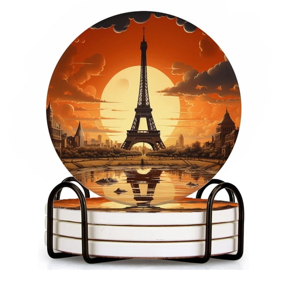 BaHomeck Drink Coasters Set of 4 with Holder Eiffel Tower in Paris during the autumn season Water Absorbent Ceramic Coasters Tabletop Protection,Suitable for Various Cup ,Home Decor