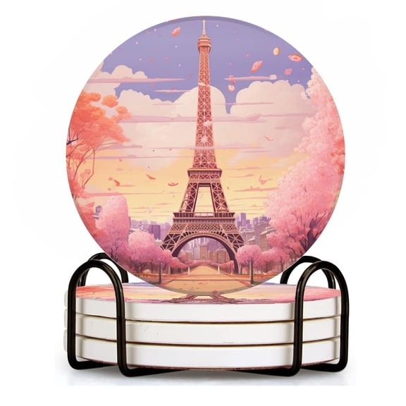 BaHomeck Drink Coasters Set of 4 with Holder Eiffel Tower with pastel colors cherry blossoms Water Absorbent Ceramic Coasters Tabletop Protection,Suitable for Various Cup ,Home Decor