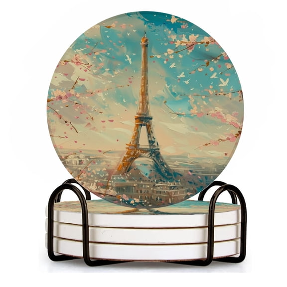 BaHomeck Drink Coasters Set of 4 with Holder Eiffel Tower surrounded by blooming cherry blossoms Water Absorbent Ceramic Coasters Tabletop Protection,Suitable for Various Cup ,Home Decor