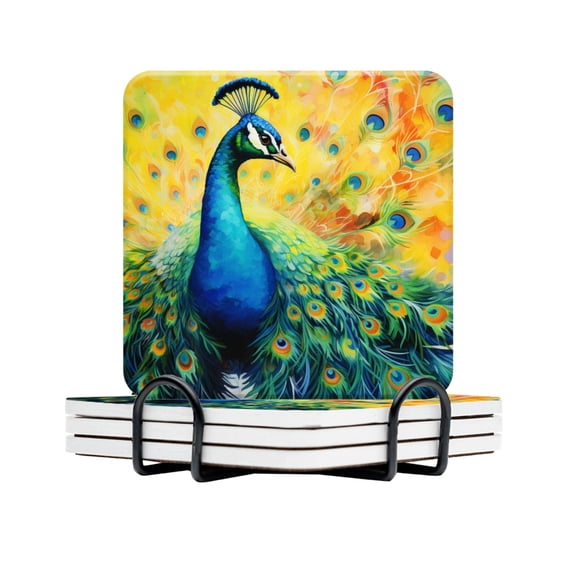 BaHomeck Drink Coasters Set Of 4 With Holder Elegant Peacock With Feathers Spread Out Water Absorbent Ceramic Coasters Tabletop Protection,Suitable For Various Cup,Home Decor