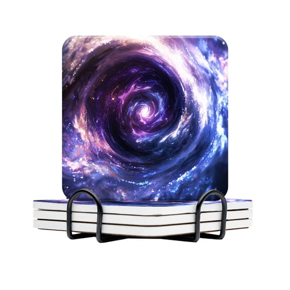 BaHomeck Drink Coasters Set Of 4 With Holder Ethereal Swirl Of Cosmic Energy With Vibrant Purples And Blues Water Absorbent Ceramic Coasters Tabletop Protection,Suitable For Various Cup,Home Decor