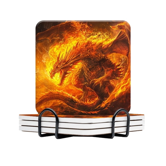 BaHomeck Drink Coasters Set Of 4 With Holder Fantasy Painting Of Enormous Majestic Dragon Made Out Of Fire Water Absorbent Ceramic Coasters Tabletop Protection,Suitable For Various Cup,Home Decor