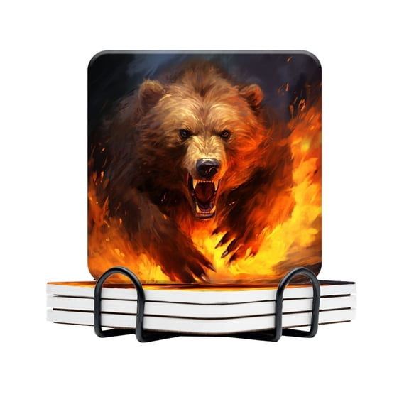 BaHomeck Drink Coasters Set Of 4 With Holder Ferocious Bear With Fiery Fur In The Style Of Fantasy Art Water Absorbent Ceramic Coasters Tabletop Protection,Suitable For Various Cup,Home Decor