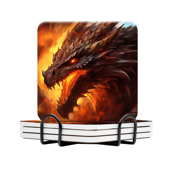 BaHomeck Drink Coasters Set Of 4 With Holder Fierce Dragon With Sharp Teeth And Glowing Eyes Water Absorbent Ceramic Coasters Tabletop Protection,Suitable For Various Cup,Home Decor