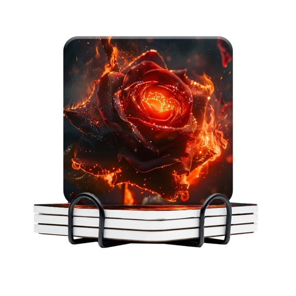 BaHomeck Drink Coasters Set Of 4 With Holder Fiery Red Rose With Embers And Sparks Flying Water Absorbent Ceramic Coasters Tabletop Protection,Suitable For Various Cup,Home Decor