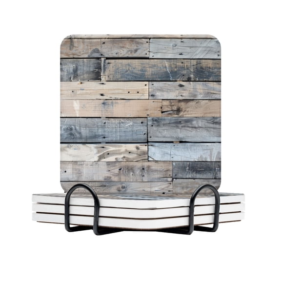 BaHomeck Drink Coasters Set Of 4 With Holder Flat Lay View Of Old Weathered Wood Planks With Grungy Water Absorbent Ceramic Coasters Tabletop Protection,Suitable For Various Cup,Home Decor