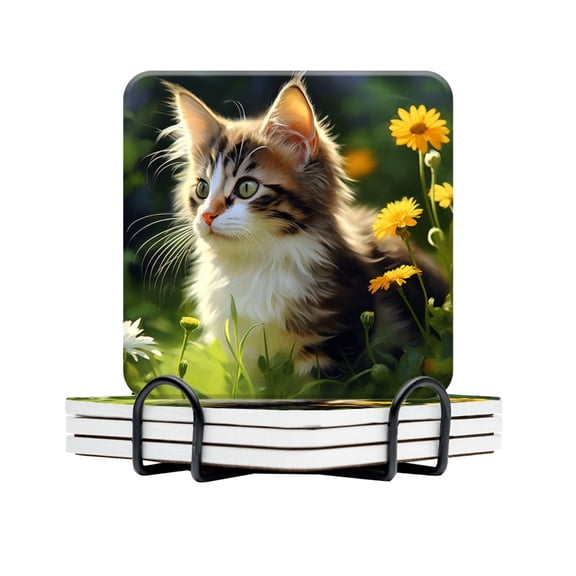 BaHomeck Drink Coasters Set Of 4 With Holder Fluffy Cat With Long Fur And Striking Green Eyes Water Absorbent Ceramic Coasters Tabletop Protection,Suitable For Various Cup,Home Decor
