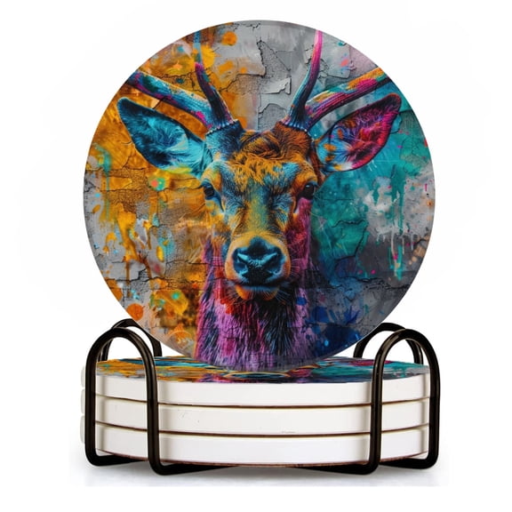 BaHomeck Drink Coasters Set of 4 with Holder Graffiti painting of deer head on old concrete wall Water Absorbent Ceramic Coasters Tabletop Protection,Suitable for Various Cup ,Home Decor