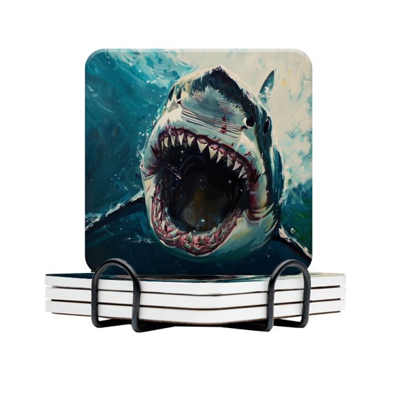 BaHomeck Drink Coasters Set Of 4 With Holder Great White Shark With Mouth Open Water Absorbent Ceramic Coasters Tabletop Protection,Suitable For Various Cup,Home Decor