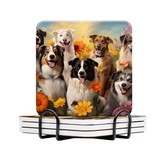 BaHomeck Drink Coasters Set Of 4 With Holder Group Of Happy Dogs Among Flowers In Sunny Water Absorbent Ceramic Coasters Tabletop Protection,Suitable For Various Cup,Home Decor
