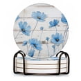 thumbnail image 1 of BaHomeck Drink Coasters Set of 4 with Holder Handpainted blue cosmos flowers on white wood panel wall Water Absorbent Ceramic Coasters Tabletop Protection,Suitable for Various Cup ,Home Decor, 1 of 4
