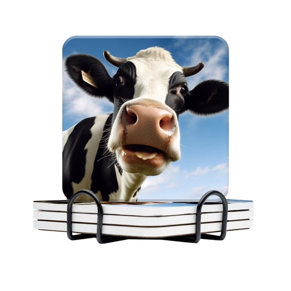 BaHomeck Drink Coasters Set Of 4 With Holder Happy Cow Against Blue Sky Background Water Absorbent Ceramic Coasters Tabletop Protection,Suitable For Various Cup,Home Decor