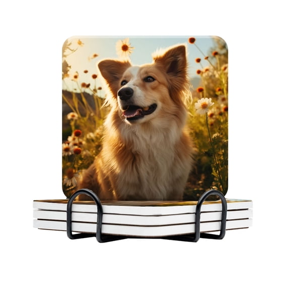 BaHomeck Drink Coasters Set Of 4 With Holder Happy Dog Sitting In Field With Flowers Water Absorbent Ceramic Coasters Tabletop Protection,Suitable For Various Cup,Home Decor