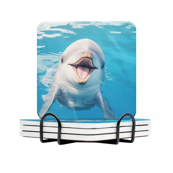 BaHomeck Drink Coasters Set Of 4 With Holder Happy Dolphin With Open Mouth In Blue Water Water Absorbent Ceramic Coasters Tabletop Protection,Suitable For Various Cup,Home Decor