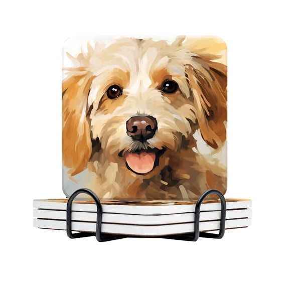 BaHomeck Drink Coasters Set Of 4 With Holder Happy Golden Doodle Water Absorbent Ceramic Coasters Tabletop Protection,Suitable For Various Cup,Home Decor