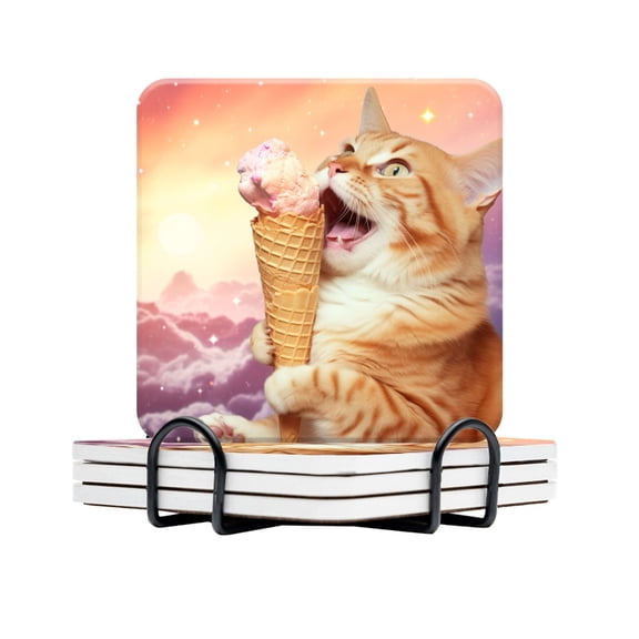 BaHomeck Drink Coasters Set Of 4 With Holder Happy Orange Cat Eating Ice Cream In The Sky Water Absorbent Ceramic Coasters Tabletop Protection,Suitable For Various Cup,Home Decor