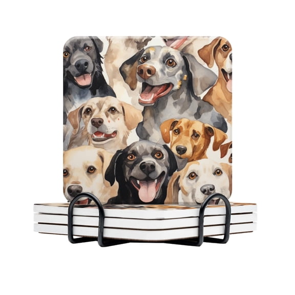 BaHomeck Drink Coasters Set Of 4 With Holder Happy Various Dogs Are Smiling Water Absorbent Ceramic Coasters Tabletop Protection,Suitable For Various Cup,Home Decor
