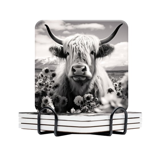 BaHomeck Drink Coasters Set Of 4 With Holder Highland Cow Standing Amidst Field Of Flowers Water Absorbent Ceramic Coasters Tabletop Protection,Suitable For Various Cup,Home Decor