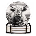 thumbnail image 1 of BaHomeck Drink Coasters Set of 4 with Holder Highland cow standing amidst field of flowers Water Absorbent Ceramic Coasters Tabletop Protection,Suitable for Various Cup ,Home Decor, 1 of 4