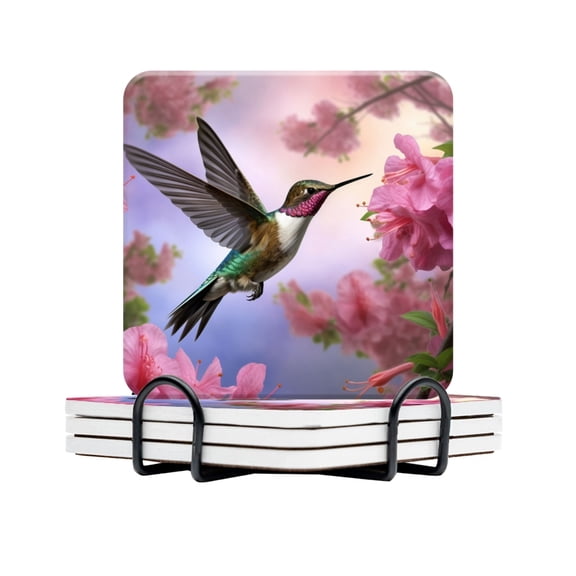 BaHomeck Drink Coasters Set Of 4 With Holder Hummingbird Hovering Near Pink Azaleas (2) Water Absorbent Ceramic Coasters Tabletop Protection,Suitable For Various Cup,Home Decor