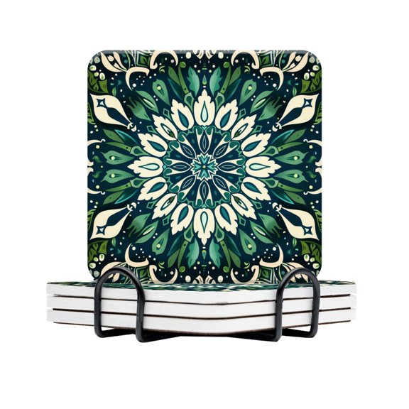 BaHomeck Drink Coasters Set Of 4 With Holder Intricate Pattern With Symmetrical Mandala Shapes Water Absorbent Ceramic Coasters Tabletop Protection,Suitable For Various Cup,Home Decor