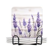 BaHomeck Drink Coasters Set Of 4 With Holder Lavender Flowers On White Wooden Surface With Soft Purple Hues Water Absorbent Ceramic Coasters Tabletop Protection,Suitable For Various Cup,Home Decor
