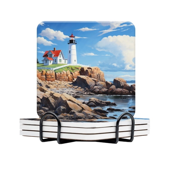 BaHomeck Drink Coasters Set Of 4 With Holder Lighthouse Sits Atop Rocky Cliffs Overlooking The Ocean Water Absorbent Ceramic Coasters Tabletop Protection,Suitable For Various Cup,Home Decor