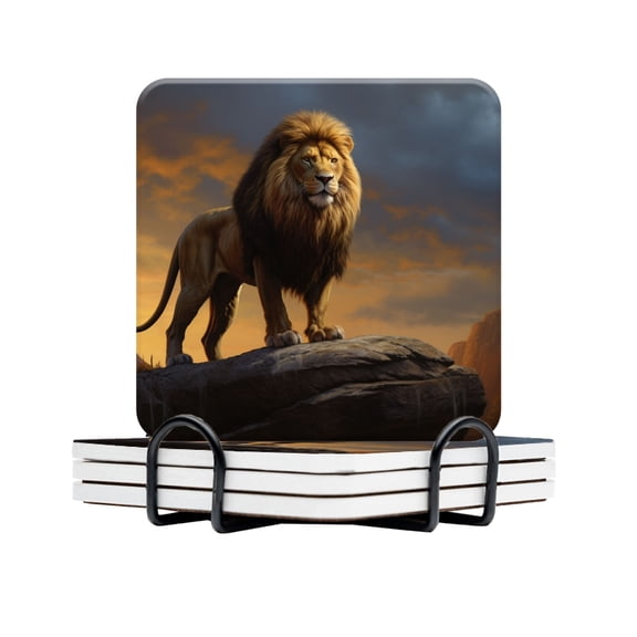 BaHomeck Drink Coasters Set Of 4 With Holder Lion Standing On Top Of A Mountain In The Sunset Water Absorbent Ceramic Coasters Tabletop Protection,Suitable For Various Cup,Home Decor
