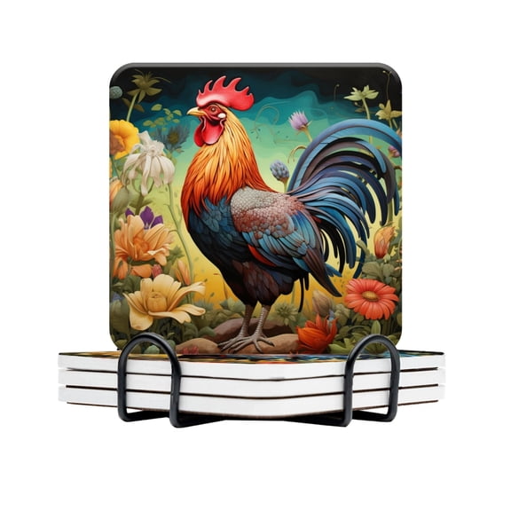 BaHomeck Drink Coasters Set Of 4 With Holder Majestic Rooster With Vibrant Feathers Water Absorbent Ceramic Coasters Tabletop Protection,Suitable For Various Cup,Home Decor