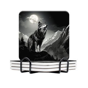 BaHomeck Drink Coasters Set Of 4 With Holder Majestic Wolf Standing On The Edge Of Alpine Mountain Range Water Absorbent Ceramic Coasters Tabletop Protection,Suitable For Various Cup,Home Decor