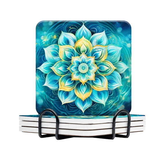 BaHomeck Drink Coasters Set Of 4 With Holder Mandala Of The Element Air With Blue And Turquoise Colors Water Absorbent Ceramic Coasters Tabletop Protection,Suitable For Various Cup,Home Decor