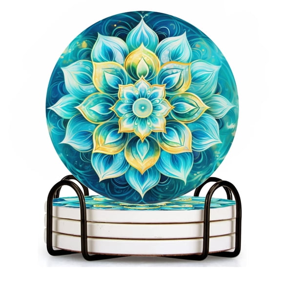 BaHomeck Drink Coasters Set of 4 with Holder Mandala of the element air with blue and turquoise colors Water Absorbent Ceramic Coasters Tabletop Protection,Suitable for Various Cup ,Home Decor