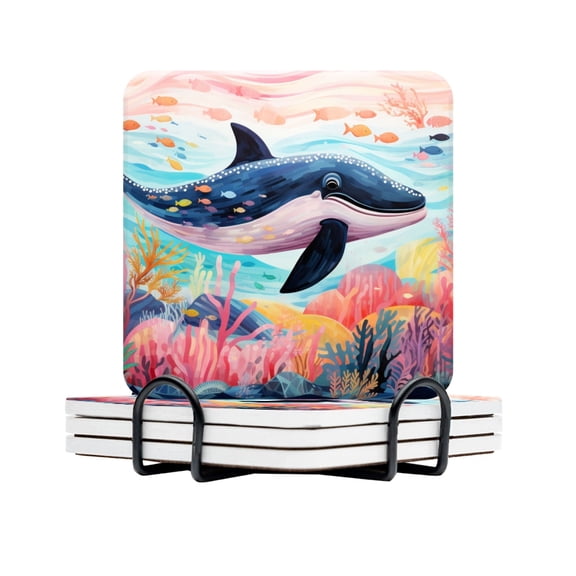 BaHomeck Drink Coasters Set Of 4 With Holder Massive Whale The Master Of The Oceans Water Absorbent Ceramic Coasters Tabletop Protection,Suitable For Various Cup,Home Decor