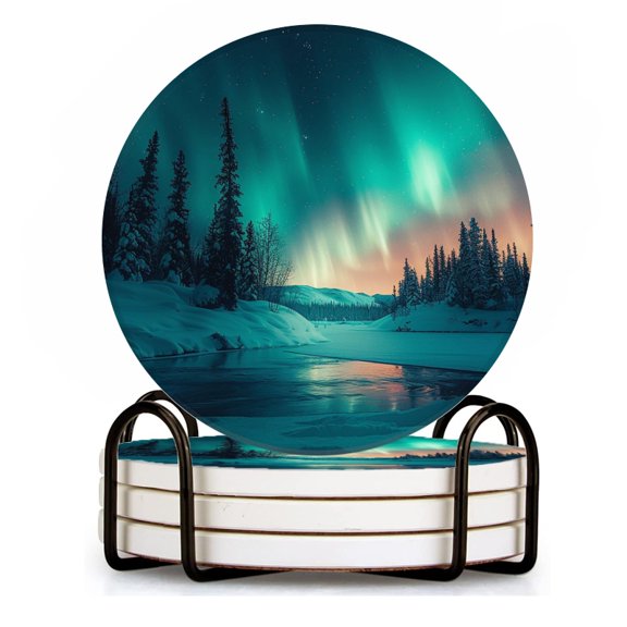 BaHomeck Drink Coasters Set of 4 with Holder the Northern Lights dancing above snow-covered forests Water Absorbent Ceramic Coasters Tabletop Protection,Suitable for Various Cup ,Home Decor