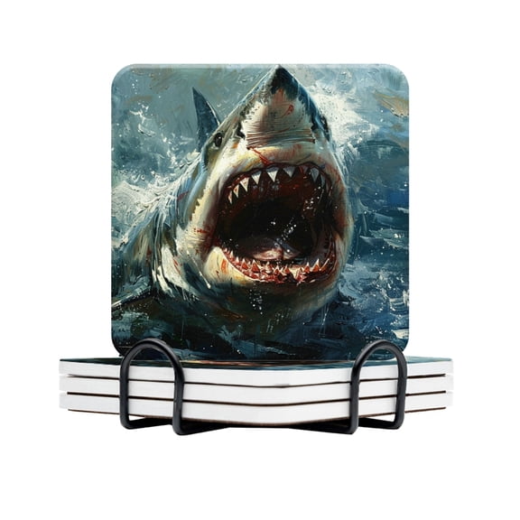 BaHomeck Drink Coasters Set Of 4 With Holder Oil Painting Of Great White Shark With An Open Mouth Water Absorbent Ceramic Coasters Tabletop Protection,Suitable For Various Cup,Home Decor