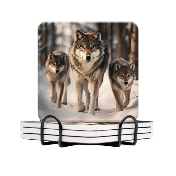 BaHomeck Drink Coasters Set Of 4 With Holder Oil Painting Of Wolf With Grey And Black Fur Water Absorbent Ceramic Coasters Tabletop Protection,Suitable For Various Cup,Home Decor