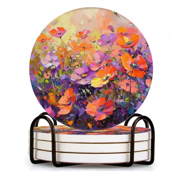 BaHomeck Drink Coasters Set of 4 with Holder Oil painting of flowers in the style of palette knife Water Absorbent Ceramic Coasters Tabletop Protection,Suitable for Various Cup ,Home Decor