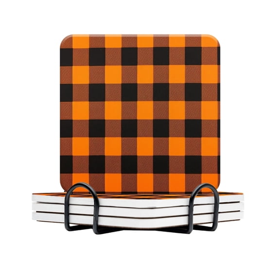 BaHomeck Drink Coasters Set Of 4 With Holder Orange And Black Checkered Pattern Water Absorbent Ceramic Coasters Tabletop Protection,Suitable For Various Cup,Home Decor
