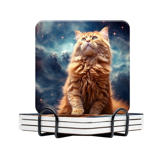 BaHomeck Drink Coasters Set Of 4 With Holder Orange Cat With Long Fur Standing Upright And Looking Up Water Absorbent Ceramic Coasters Tabletop Protection,Suitable For Various Cup,Home Decor