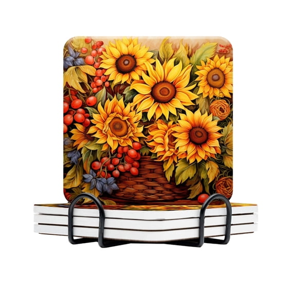 BaHomeck Drink Coasters Set Of 4 With Holder Painting Of Sunflowers In The Style Of Slavic Folk Art Water Absorbent Ceramic Coasters Tabletop Protection,Suitable For Various Cup,Home Decor